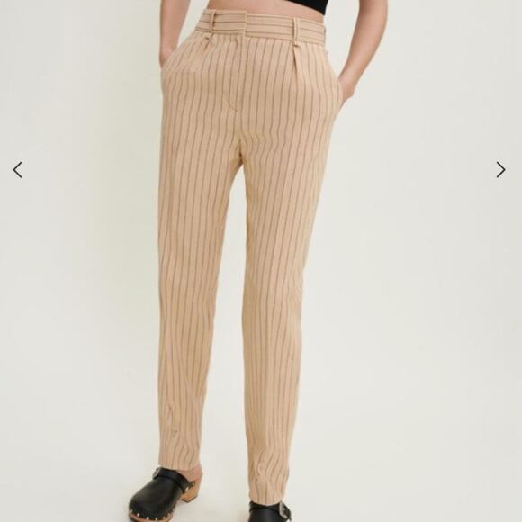 NWT Maje Striped Cotton Linen Blend High Waist Trousers in Beige - Picture 1 of 10